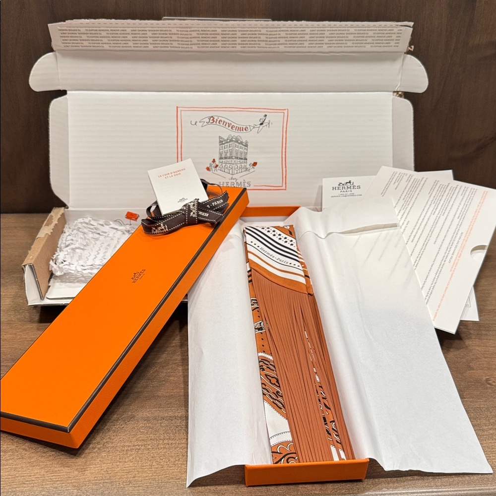 Hermes Scarf Twilly Festival Des Amazones Bandana Barenia Fringe Leather Bag Tie